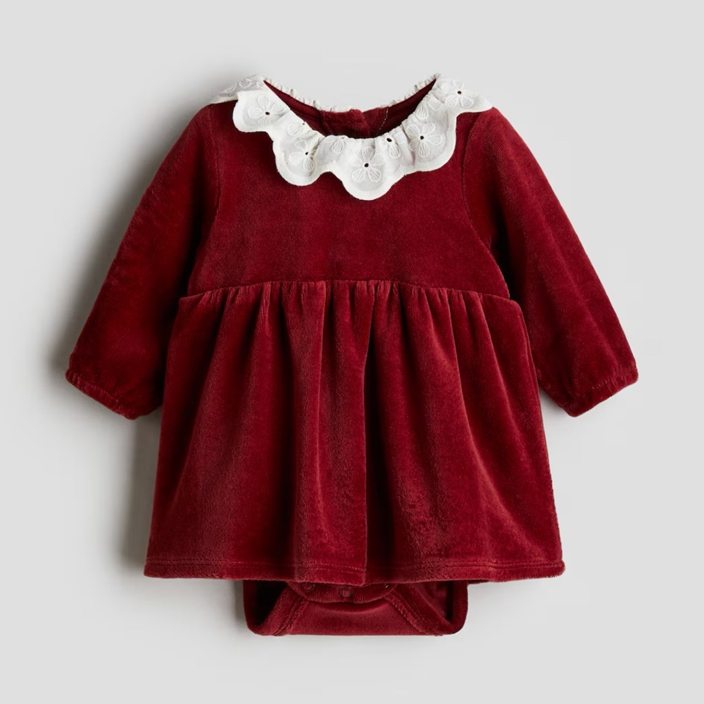 NWT H&M Red Cotton Velour Bodysuit Dress - 6M